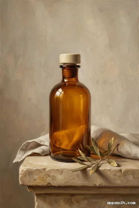 Close three-quarter view of an amber apothecary bottle on a limestone pedestal with linen and olive leaves in a warm textured oil painting product mockup.