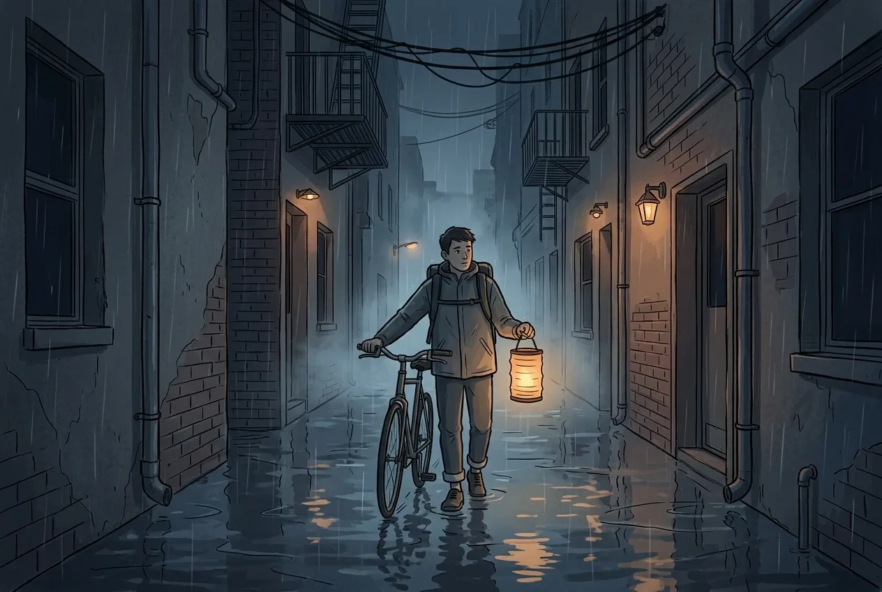 Bicycle courier carrying a glowing paper lantern through a flooded midnight alley in a cinematic 2D Illustration.