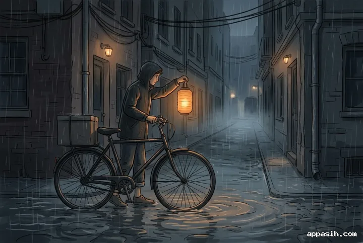Lantern-carrying bicycle courier pausing beside a bicycle in the same rain-flooded midnight alley, shown in a detailed cinematic 2D Illustration.