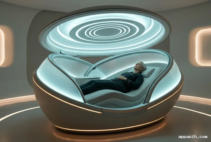 Closer three-quarter view of an adult resting in a futuristic recovery pod with biometric light rings and soft cyan and amber illumination.