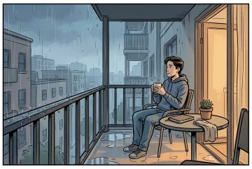 Young adult holding a coffee mug on a rainy apartment balcony in Cartoon Comic Book style, with wet reflections, potted plants, and a softly lit urban evening.