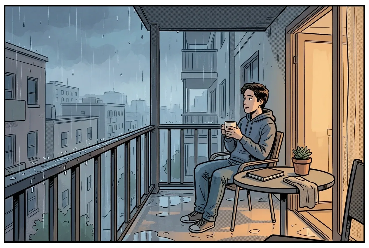 Young adult holding a coffee mug on a rainy apartment balcony in Cartoon Comic Book style, with wet reflections, potted plants, and a softly lit urban evening.