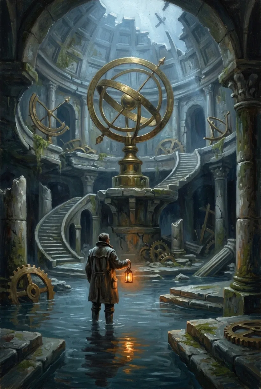 Lantern keeper standing in a flooded ancient observatory beneath a giant brass celestial mechanism, rendered as an atmospheric oil painting.