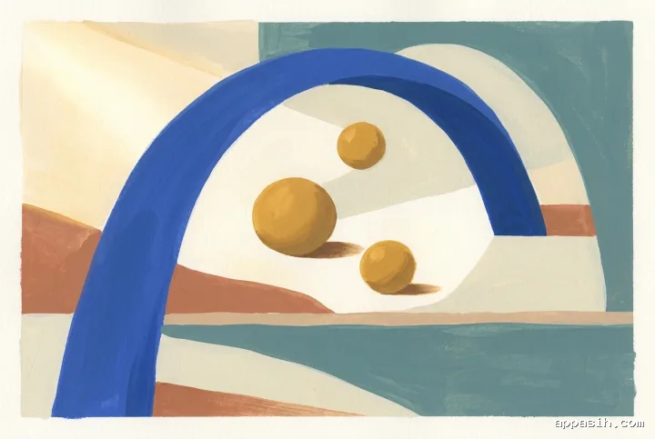 Closer abstract gouache view of three ochre spheres floating between cobalt arches and layered muted geometric planes under soft warm light.