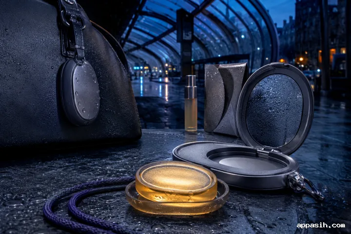 Cinematic landscape mockup of an unbranded refillable solid-fragrance charm displayed on a wet graphite plinth inside a blue-hour transit pavilion.