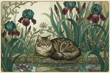 Long-haired tabby cat resting beneath rain-covered irises in a Retro Art Nouveau garden illustration with flowing botanical curves and muted jewel tones.