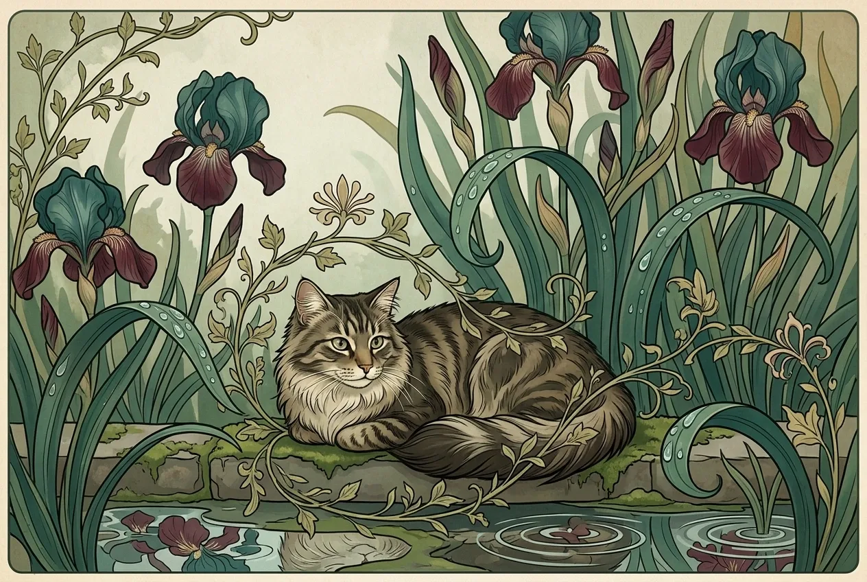 Long-haired tabby cat resting beneath rain-covered irises in a Retro Art Nouveau garden illustration with flowing botanical curves and muted jewel tones.