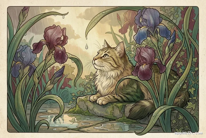 Long-haired tabby cat viewed slightly closer beneath wet irises in the same rainy garden, rendered in Retro Art Nouveau style with ornamental curves, textured paper, and muted jewel tones.