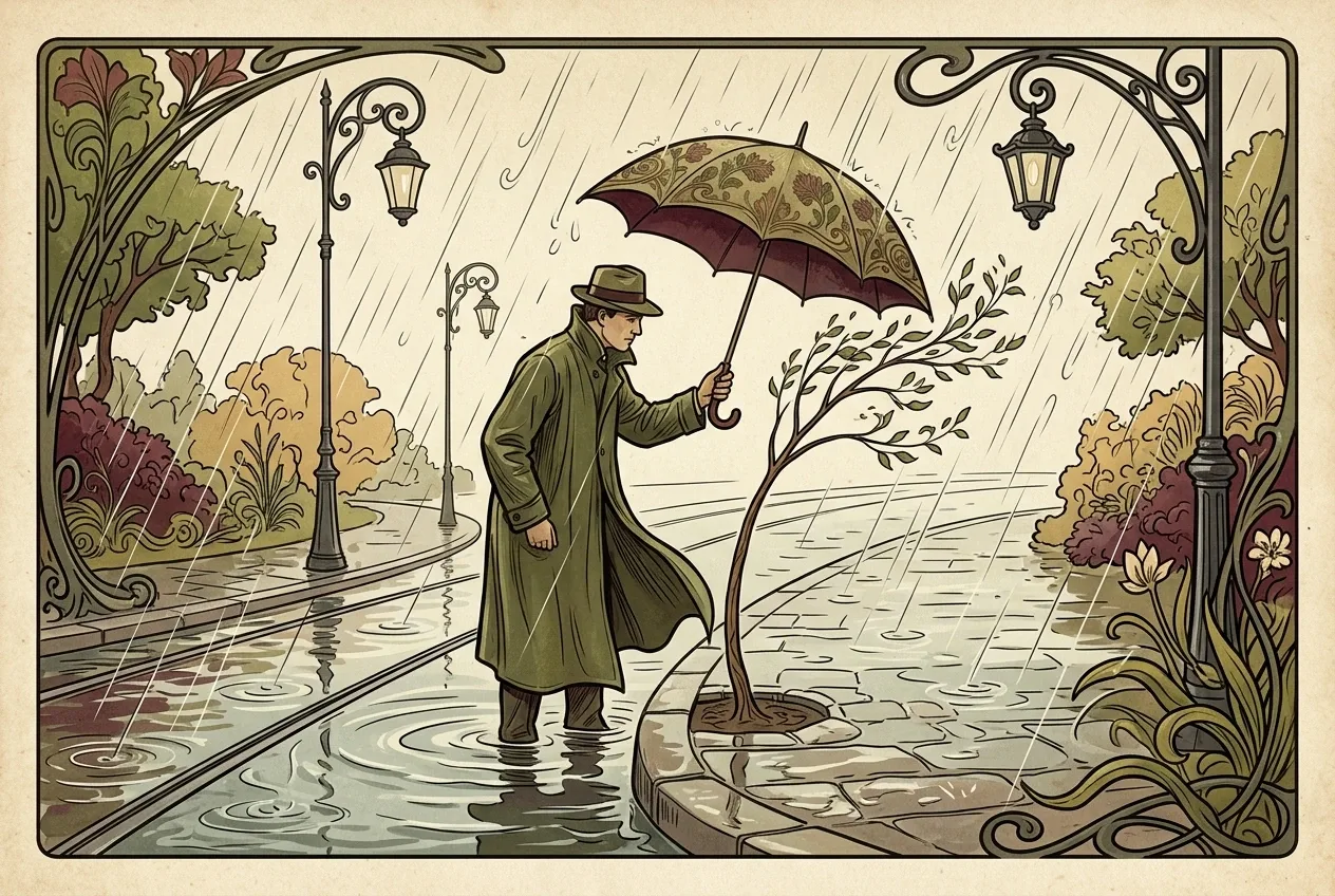 Commuter holding an umbrella over a young tree on a rain-flooded city boulevard in a Retro Art Nouveau editorial scene.