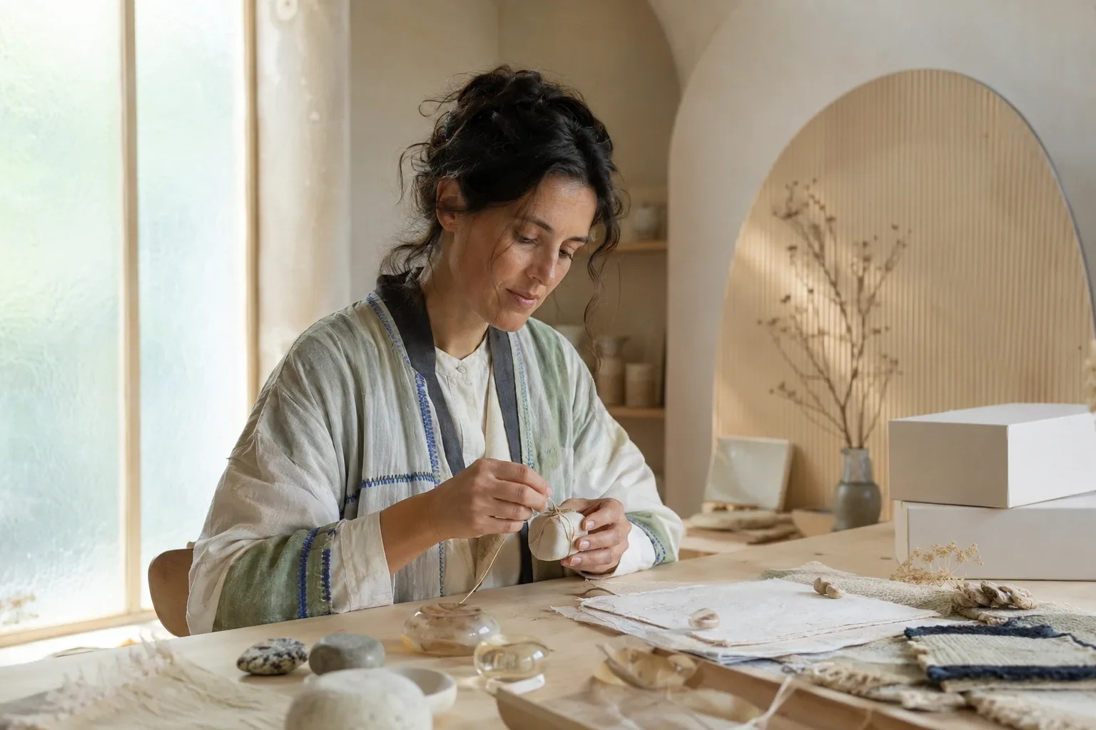 Landscape editorial portrait of an anonymous Analog Presence Keeper winding natural thread around a ceramic capsule in a calm sunlit tactile archive studio.