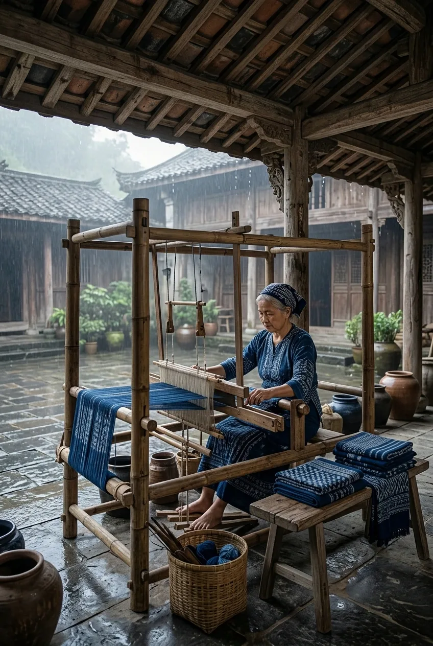 Indigo textile artisan weaving at a bamboo handloom in a rainy heritage courtyard with carved timber pillars, folded cloth, and earthen dye vessels.