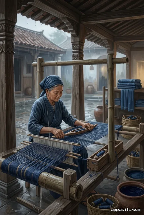 Closer concept-art view of an indigo textile artisan passing a shuttle through a bamboo handloom in the same rainy heritage courtyard with carved timber architecture and dye vessels.