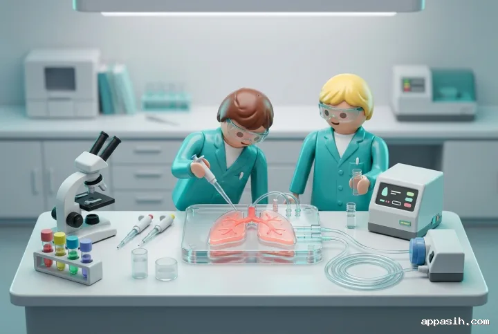 Wide 3D Plastic Toy Style lung-on-chip laboratory scene with two miniature scientists, transparent microfluidic lung chambers, microscope, analyzer, and biomedical equipment.
