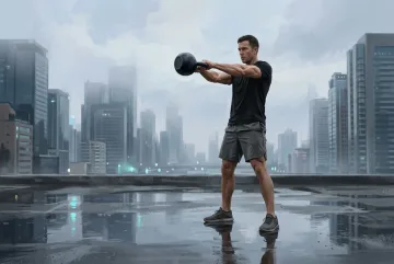 Athlete performing a kettlebell swing on a rain-soaked city rooftop in a misty digital painting.