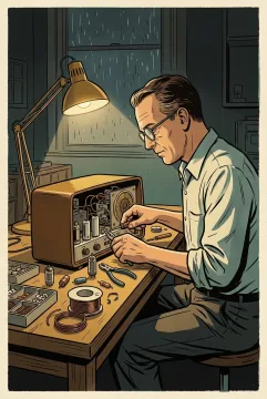 Retro Illustration of a radio repairer fixing an analog tabletop radio at a warm-lit workshop bench on a rainy night.