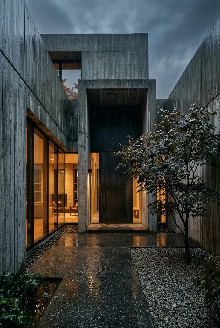 Cinematic brutalist courtyard residence with tall concrete walls, a small ornamental tree, wet reflective paving, rain, mist, and warm interior lighting.
