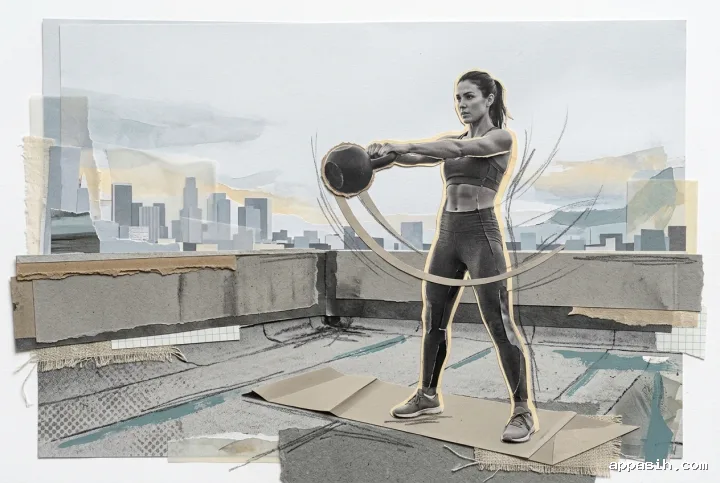 Athletic woman swinging a kettlebell on the same urban rooftop at dawn, shown in a wider tactile Collage / Mixed Media composition with layered paper and fabric textures.