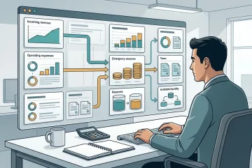 Small business owner reviewing a technical cash flow dashboard with revenue, expenses, reserve funds, and liquidity indicators.