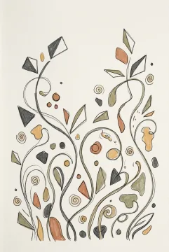 Abstract doodle paper garden with looping stems, floating geometric leaves, dots, and organic hand-drawn shapes.