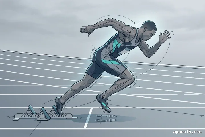 Graphic technical illustration of the same sprinter accelerating away from starting blocks on an outdoor track with detailed biomechanics, force-direction, and limb-trajectory cues.