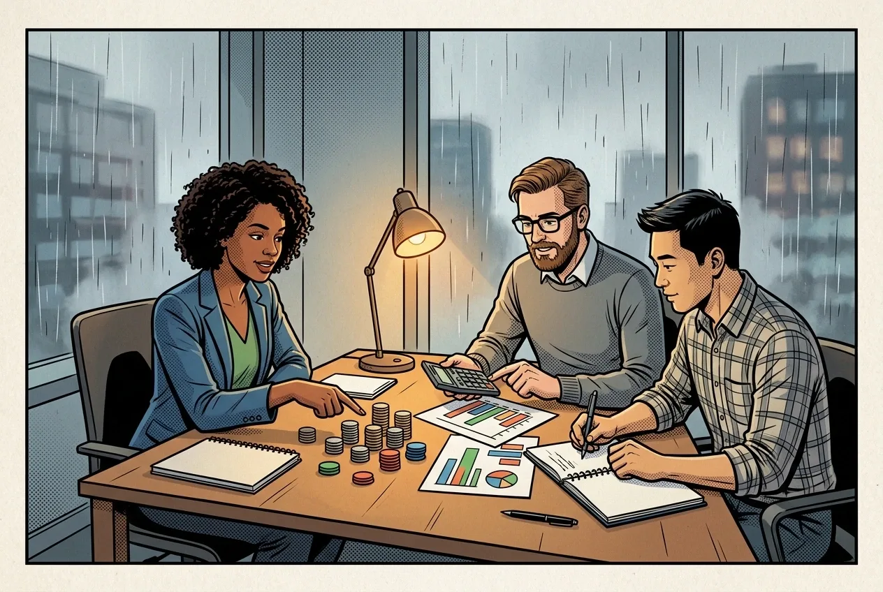 Cartoon Comic Book illustration of a startup team planning cash flow with coins, a calculator, blank charts, and budgeting tokens at a rainy office table.