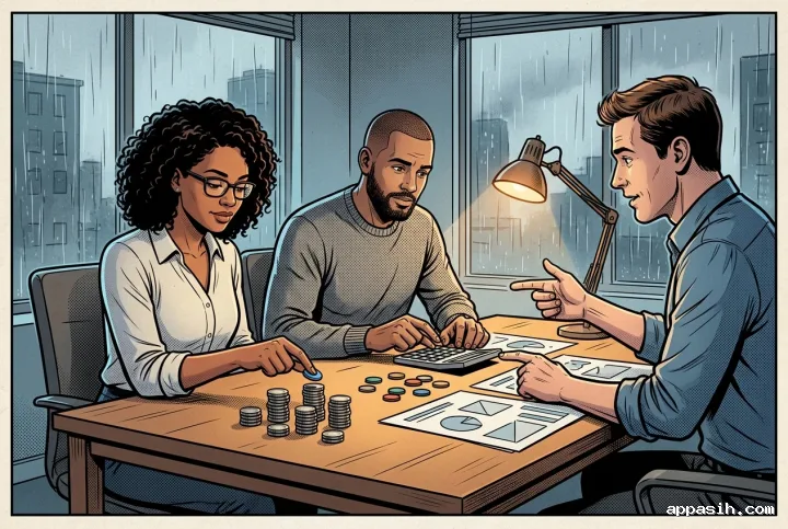 Cartoon Comic Book scene of the same startup team reviewing cash flow from a closer angle, with coins, calculator, blank charts, budgeting tokens, and rainy office windows.
