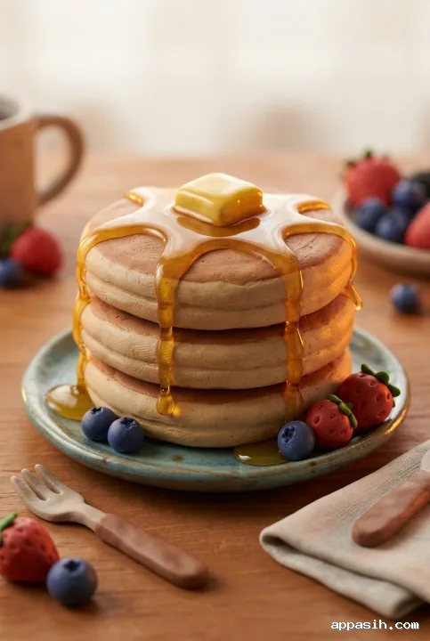 Detailed Clay 3D pancake stack with dripping honey, butter, strawberries, blueberries, fork, and napkin in a warm claymation breakfast scene.