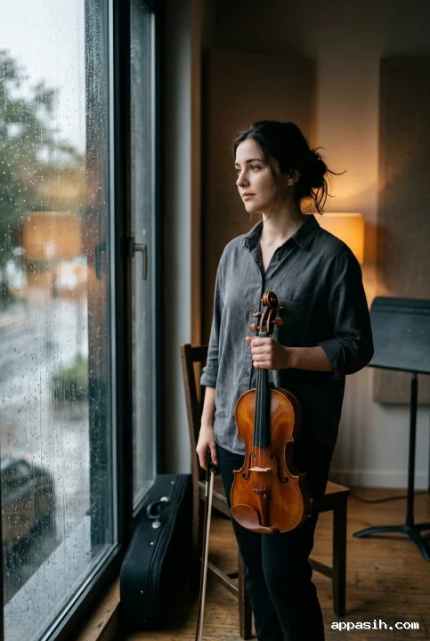 Young violinist in a charcoal shirt holding a wooden violin near a rain-streaked rehearsal room window with cinematic cool daylight and warm background light.