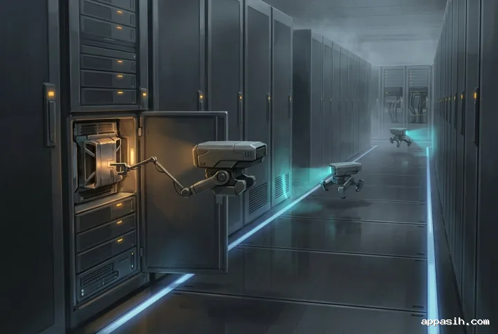 Detailed digital painting of autonomous repair drones performing maintenance beside an open server module in a futuristic modular data center.