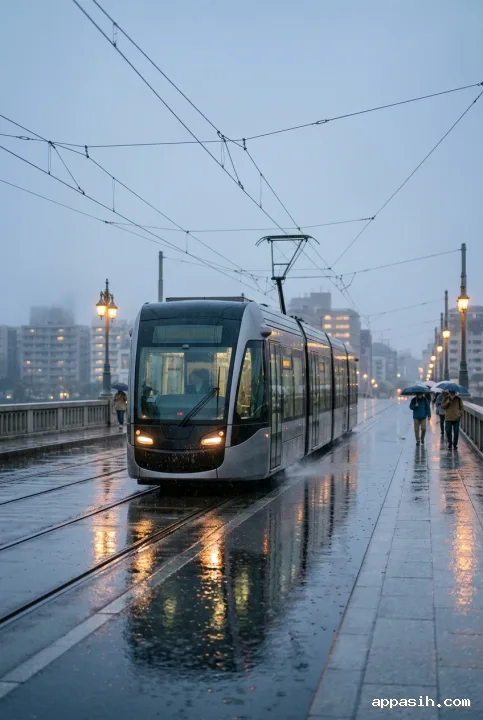 Closer fine art photograph of a modern electric tram crossing the same rainy urban bridge at dusk with detailed wet reflections, misty buildings, and restrained amber lighting.