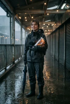 Young rain courier holding a glowing seed capsule in a flooded market corridor with mist, wet concrete, and warm hanging lights.