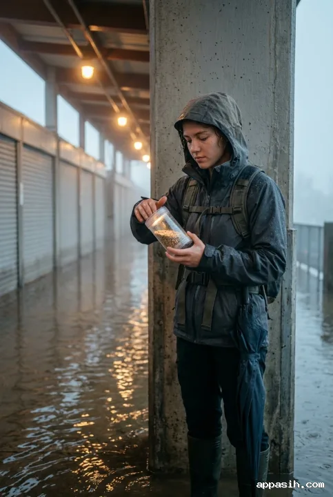 Cinematic young rain courier pausing with a glowing seed capsule in the same misty flooded market corridor, surrounded by wet surfaces and warm reflected lights.