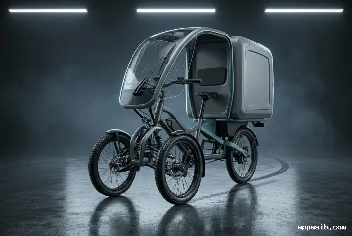 Closer studio view of the same modular electric cargo trike showing detailed wheels, enclosed storage pod, wet surfaces, and cool controlled lighting.