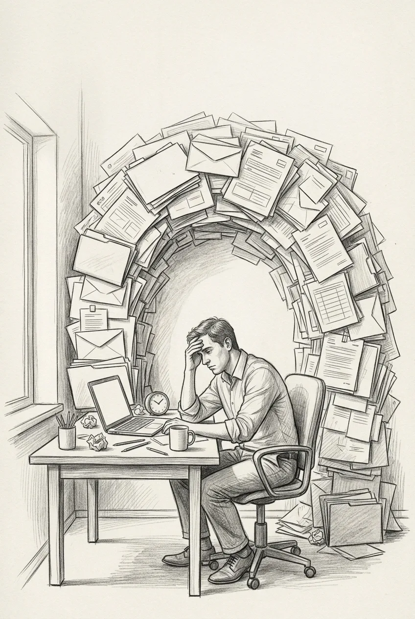 Pencil sketch of an office worker at a desk beneath a towering cascade of envelopes and task sheets symbolizing information overload and deadline pressure.