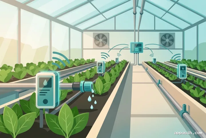Flat illustration of the same autonomous greenhouse sensor network from a closer three-quarter view, with crop sensors, irrigation droplets, wireless links, and a central control hub.