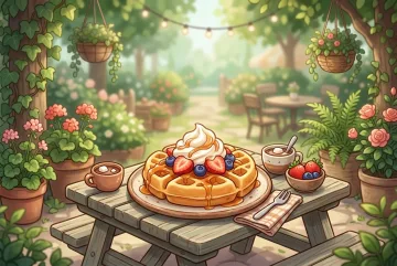 Chibi strawberry waffle with whipped cream, blueberries, maple syrup, and cocoa on a small garden picnic table.