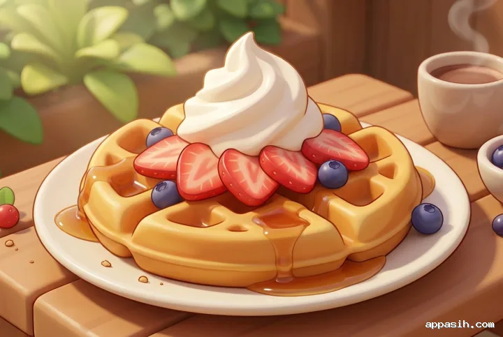 Detailed chibi strawberry waffle topped with whipped cream, berries, and maple syrup beside cocoa in a sunny garden café picnic setting.