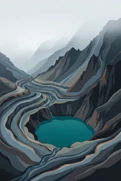 Abstract graphic portrait landscape of a turquoise volcanic crater lake surrounded by concentric mineral terraces and misty dark mountain ridges.