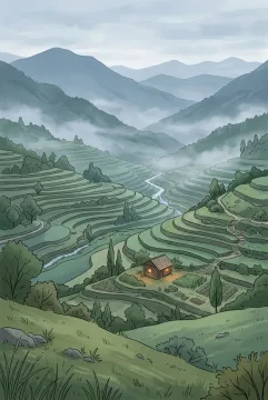 Portrait 2D illustration of a misty mountain terrace valley with a winding stream, layered green slopes, distant blue-gray peaks, and a small glowing hillside shelter.