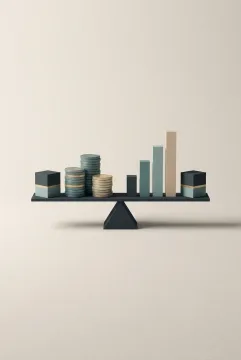 Minimalist graphic of stacked coins, a rising bar chart, and balanced financial blocks representing stable cash flow and business growth.