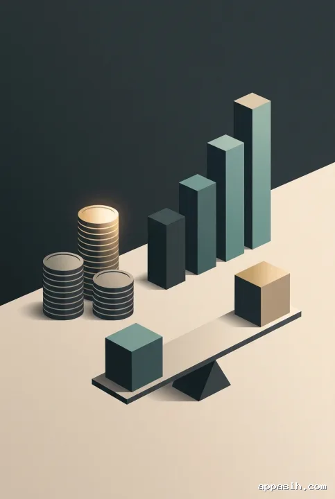 Closer minimalist graphic view of stacked coins, a rising bar chart, and balanced finance blocks with restrained teal and gold accents symbolizing controlled cash flow and sustainable business growth.