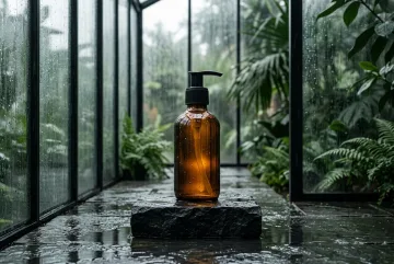 Amber glass skincare pump bottle on a rain-wet dark basalt pedestal inside a cinematic glass conservatory.