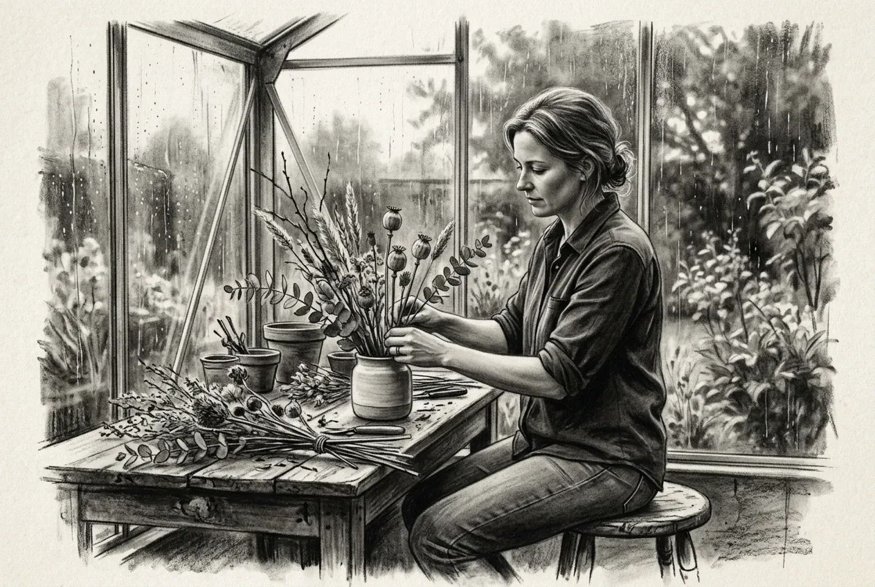 Charcoal drawing of a florist arranging dried botanical stems at a wooden table beside a rain-streaked greenhouse window.