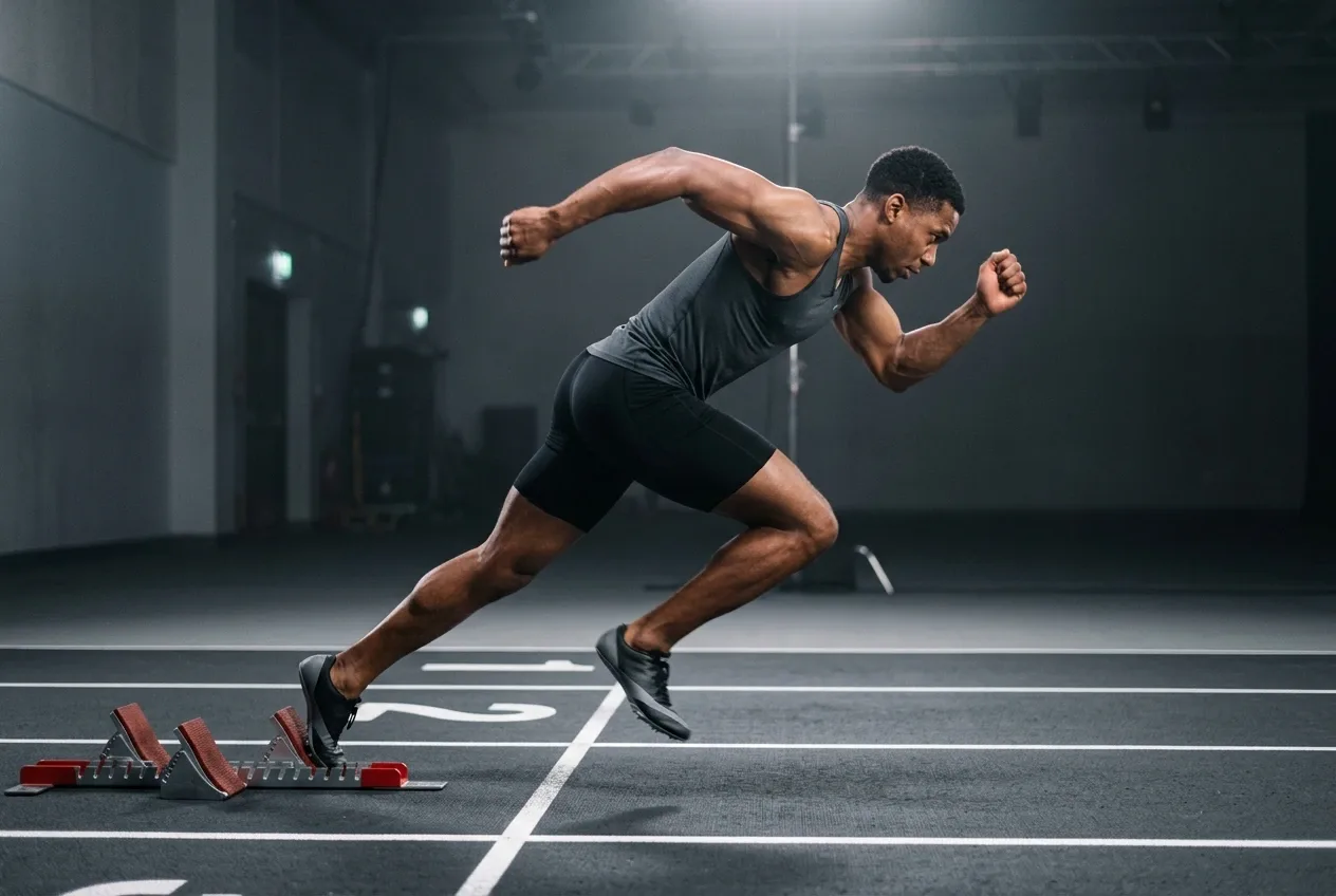 Sprinter launching from starting blocks on a dark studio sprint lane under dramatic directional lighting.