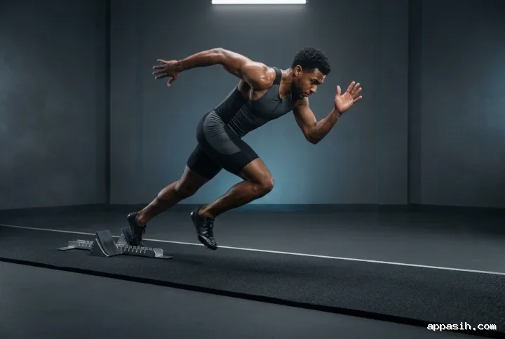 Sprinter accelerating from starting blocks in a dark athletic studio with detailed directional lighting and visible sprint lane texture.