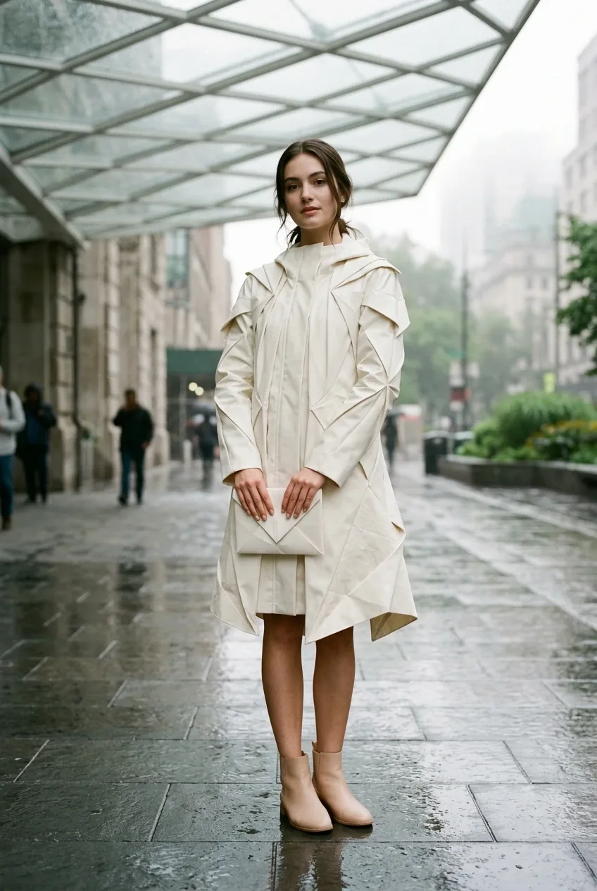 Fashion model wearing an ivory origami-style pleated raincoat beneath a translucent canopy on a wet urban walkway.