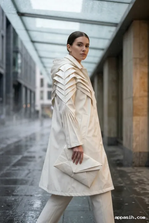 Model in the same ivory origami-style pleated raincoat stepping beneath a translucent canopy on a reflective rain-darkened walkway.