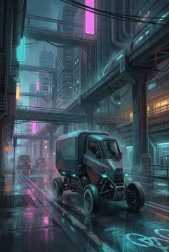 Autonomous electric cargo trike traveling through a rainy cyberpunk transit district with elevated tracks, charging infrastructure, neon reflections, and dense futuristic architecture.