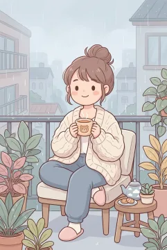 Kawaii cartoon of a young woman drinking warm tea on a plant-filled apartment balcony during a gentle rainy morning.