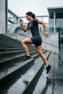 Athlete sprinting up wet concrete stairs during a rainy urban fitness workout in editorial sports photography style.